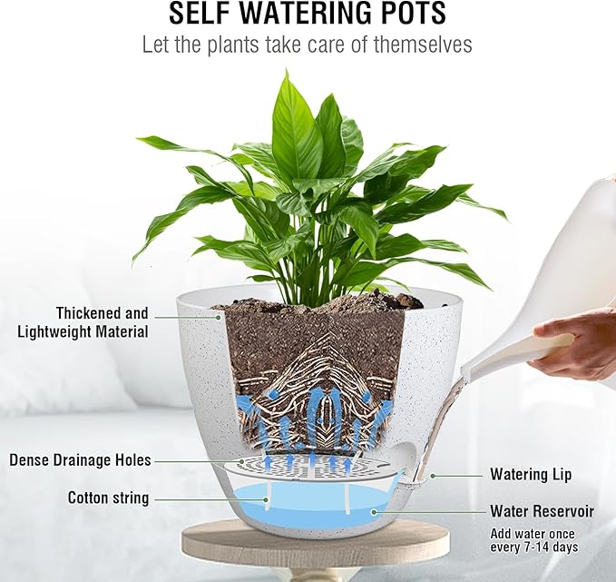 10 inch Self Watering Hanging Planters, 2 Pack Hanging Baskets for Indoor Outdoor Plants, Hanging Flower Pots with Drainage Holes and 2 Kinds of Plant Hangers for Garden Decor, Speckled White-VerdiqueGarden