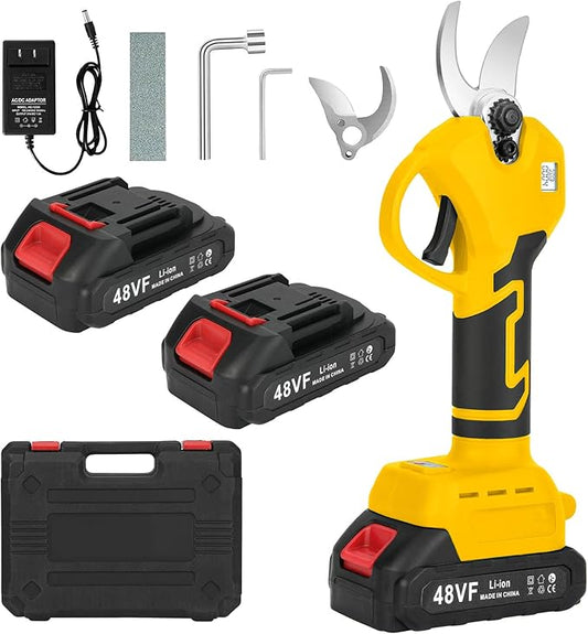 Electric Pruning Shears, Cordless Electric Scissors with 2 PCS Rechargeable 48V 2.0 Ah Batteries & 2 Blades, 1.6" Cutting Diameter Pruning Shears Garden Tool for Tree Trimming Branch Cutter(Yellow)-VerdiqueGarden