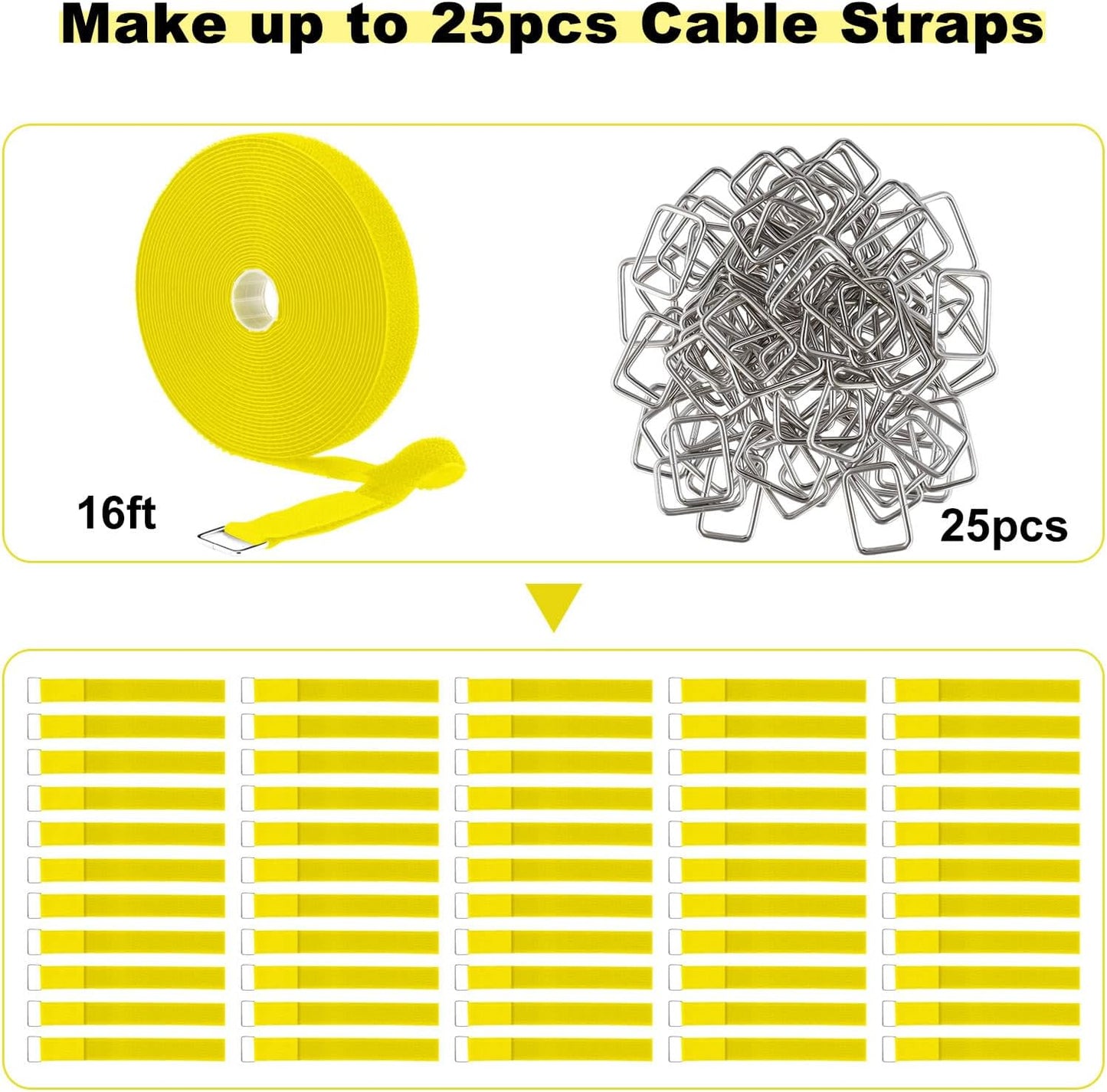 1"x16ft Hook and Loop Straps with 25 Metal Buckles, Adjustable Fastening Cable Straps, Cut-to-Length Cinch Strap, Reusable Nylon Securing Cord Ties for Organizer or Storage, 1 inch Wide,Yellow-VerdiqueGarden