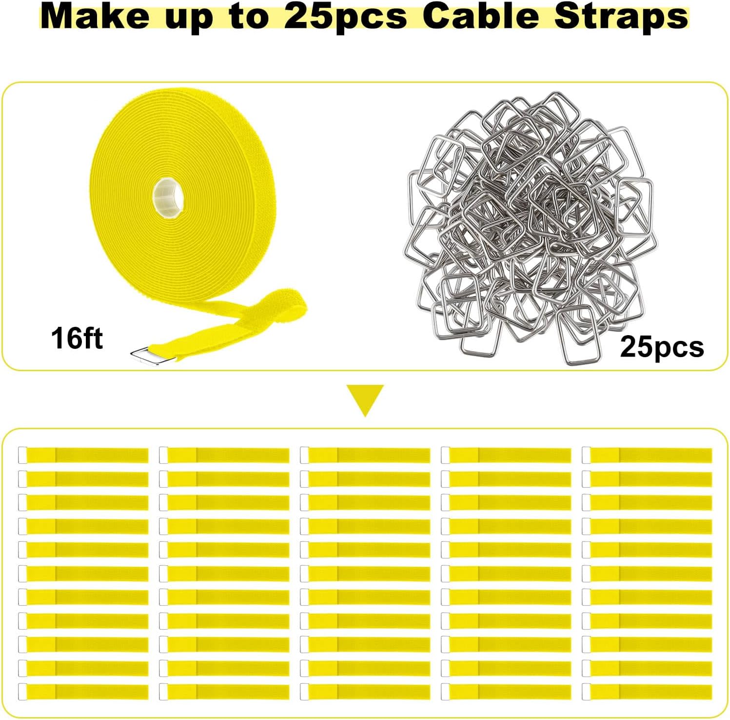 1"x16ft Hook and Loop Straps with 25 Metal Buckles, Adjustable Fastening Cable Straps, Cut-to-Length Cinch Strap, Reusable Nylon Securing Cord Ties for Organizer or Storage, 1 inch Wide,Yellow-VerdiqueGarden