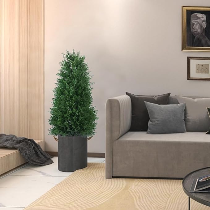 3FT Artificial Cedar Topiary Ball Trees with Ground Spike, 2 Pack UV Resistant Artificial Shrubs, Fake Evergreen Artificial Plant Brush for Indoor Outdoor Front Porch Garden-VerdiqueGarden