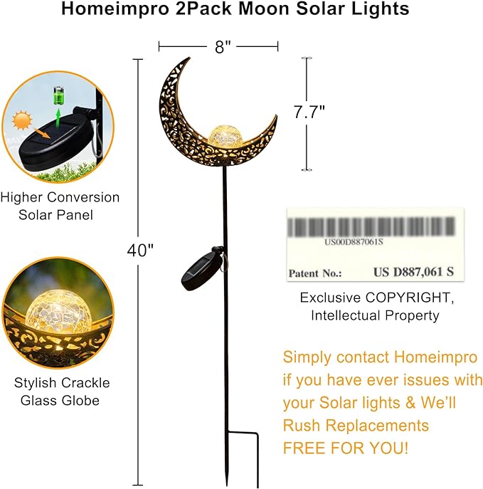 HOMEIMPRO 2Pack Moon Garden Solar Lights Outdoor Stakes Waterproof, Gifts for Mom, Crackle Glass Patio, Backyard Decorations, Balcony Lawn Ornaments, for Women Men Grandma (Bronze)-VerdiqueGarden