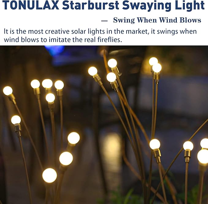 TONULAX Solar Garden Lights - New Upgraded Solar Swaying Light, Sway by Wind, Solar Outdoor Lights, Yard Patio Pathway Decoration, High Flexibility Iron Wire & Heavy Bulb Base, Warm White (4 Pack)-VerdiqueGarden