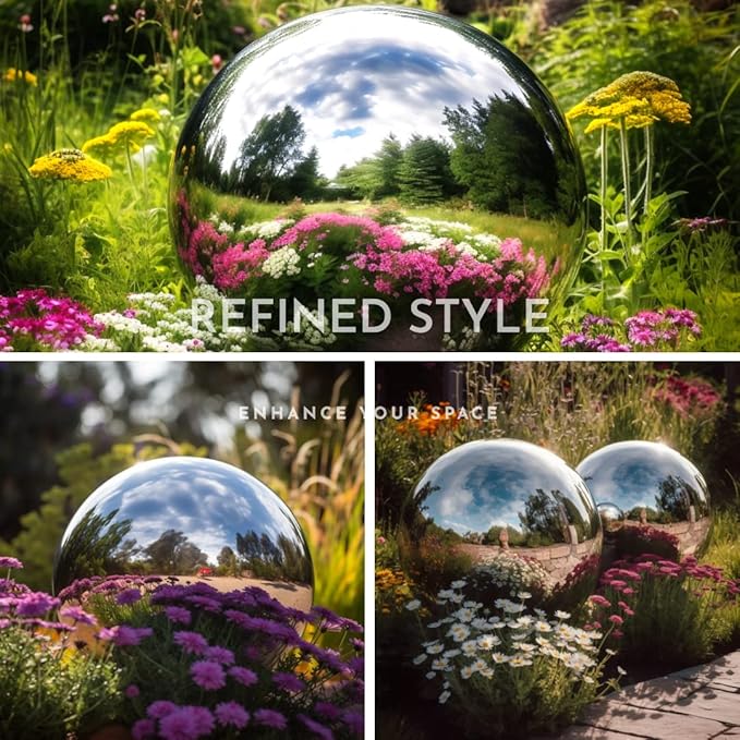 8 Inch Stainless Steel Gazing Globe,v2croft Hollow Ball Mirrored Surface Polished Shiny Sphere,Garden Stainless Steel Gazing Ball for Outdoor Lawn Pond Yard Ornament(Silver)-VerdiqueGarden