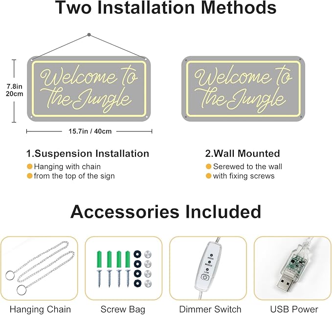 Welcome to the Jungle Neon Sign, Neon Light Sign for Wall Decor Dimmable Warm White LED signs for Bedroom Home Birthday Party Wedding Engagement Garden Man Cave Decor USB Powered-VerdiqueGarden