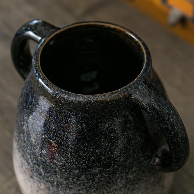 Blue Gradient Ceramic Vase with 2 Handles, Modern Farmhouse Decor, Rustic Terracotta Pottery, Decorative Clay Flower Vase, Centerpiece for Dining Table - 7 Inch-VerdiqueGarden