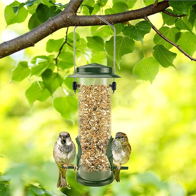 MIXXIDEA Wild Bird Feeders For Outdoors Hanging Stainless Steel Hanging Bird Feeder Tube, Finch Feeder For Garden Backyard Decoration Attractive Water Resistant Bird Feeders For Outside Green - 2 Pack-VerdiqueGarden