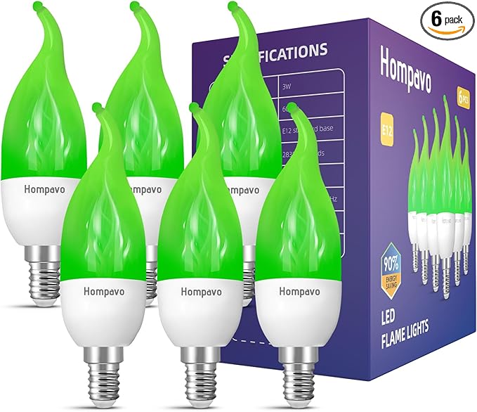 Hompavo 【Upgraded LED Flame Light Bulbs, 3 Modes Flickering Light Bulbs, E12 Chandelier Base Candle Fire Light Bulb for Halloween Christmas Party Porch Indoor & Outdoor Home Decoration, Green 6 Pack-VerdiqueGarden