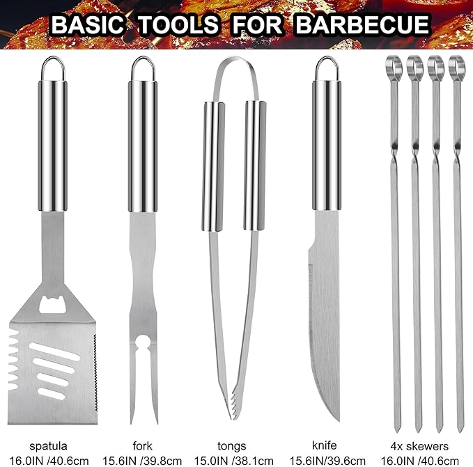 Grilljoy 24PCS BBQ Grill Tools Set with Meat Thermometer and Injector - Extra Thick Stainless Steel Fork, Spatula& Tongs - Complete BBQ Accessories in Aluminum Case - Perfect Grill Gifts for Men-VerdiqueGarden