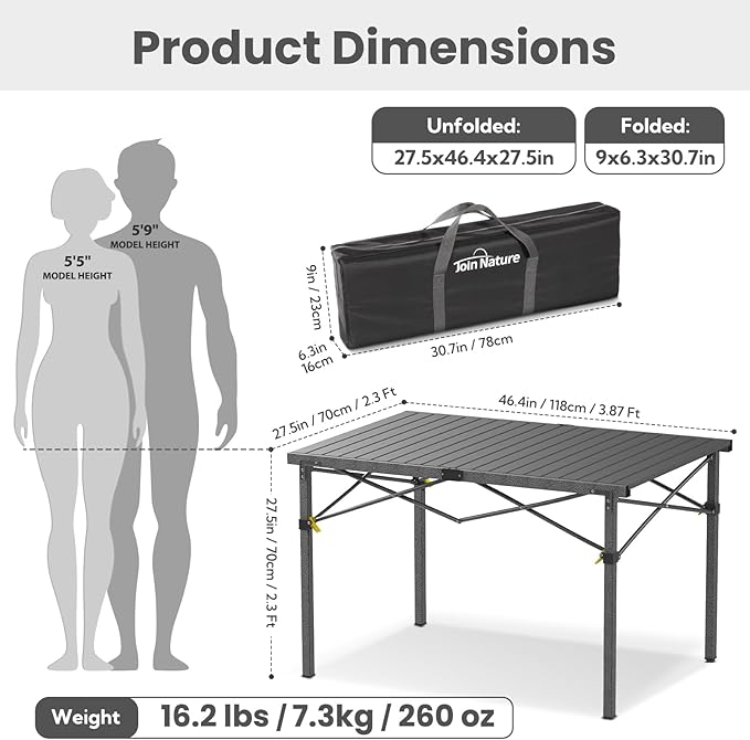 Portable Outdoor Camping Table Large for 2-6 Person - Foldable Camp Table with Aluminum Roll-Up Top & Carry Bag for BBQ, Tailgating, Backyard, 220 Lbs Capacity, Stable & Sturdy (Black)-VerdiqueGarden