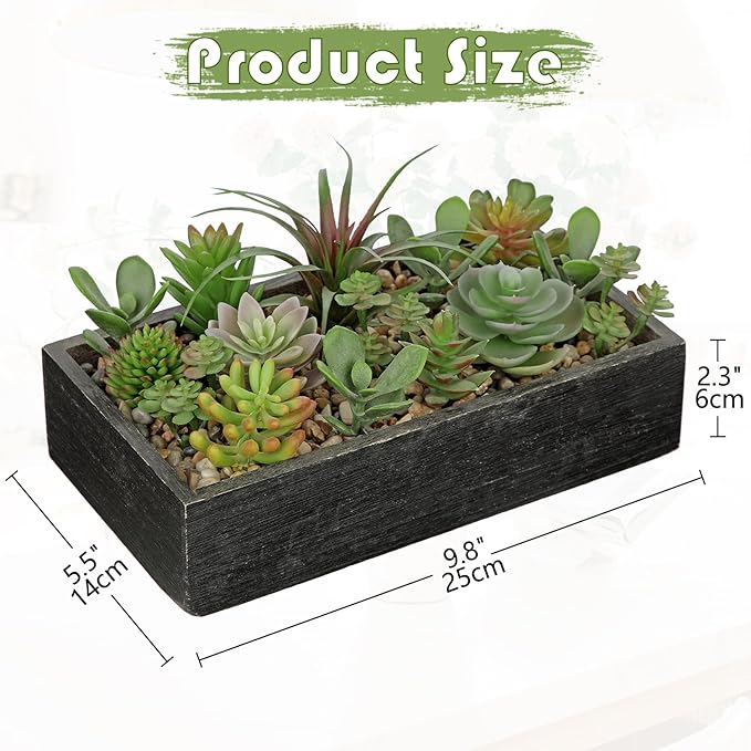 Artificial Succulent Plants in Pot 10 Inch Fake Succulent Arrangement Potted Succulents Plants Centerpiece in Rectangular Wooden Planter for Home Office Desk Shelf Living Room Bedroom Farmhouse Decor-VerdiqueGarden