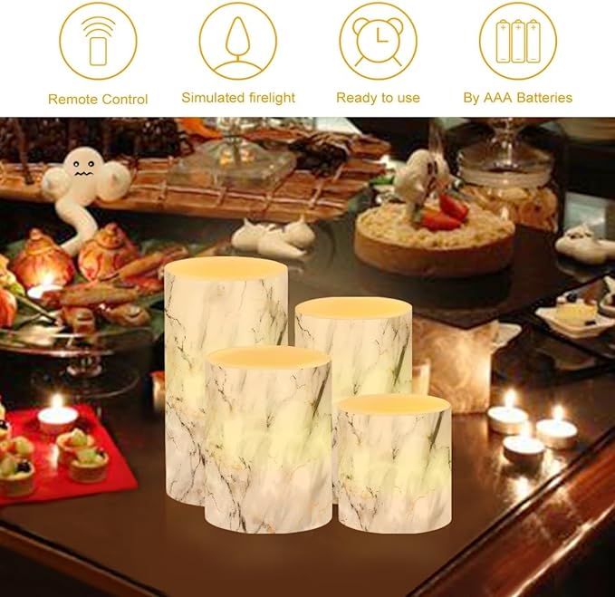 Flameless LED Battery Candles 4 PCS Pillar Candles with 18-Key Timer Remote Control Colorful Lights for Table Centerpiece Home Indoor Wedding Decoration, White Grey Marble-VerdiqueGarden