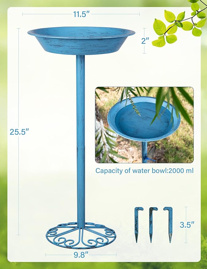 Bird Baths for Outdoors 25.5 Inch Height Outdoor Garden Bird Feeder Metal Birdbath with Dragonfly for Garden Yard and Lawn Decoration,Blue-VerdiqueGarden