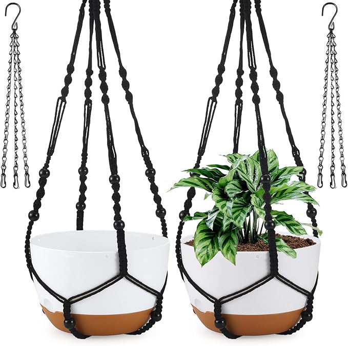 10 Inch Hanging Planter, 2 Pack Hanging Plant Self Watering Pot with Drainage Holes & Saucers, Hanging Baskets Flower Pots with Black Macrame Rope Hangers for Garden Home -White-VerdiqueGarden