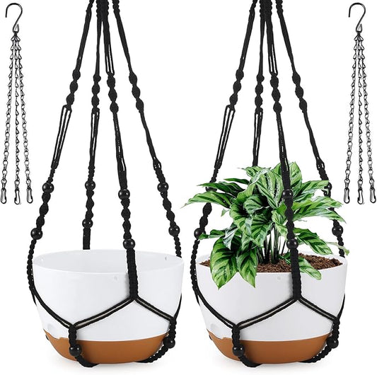 10 Inch Hanging Planter, 2 Pack Hanging Plant Self Watering Pot with Drainage Holes & Saucers, Hanging Baskets Flower Pots with Black Macrame Rope Hangers for Garden Home -White-VerdiqueGarden