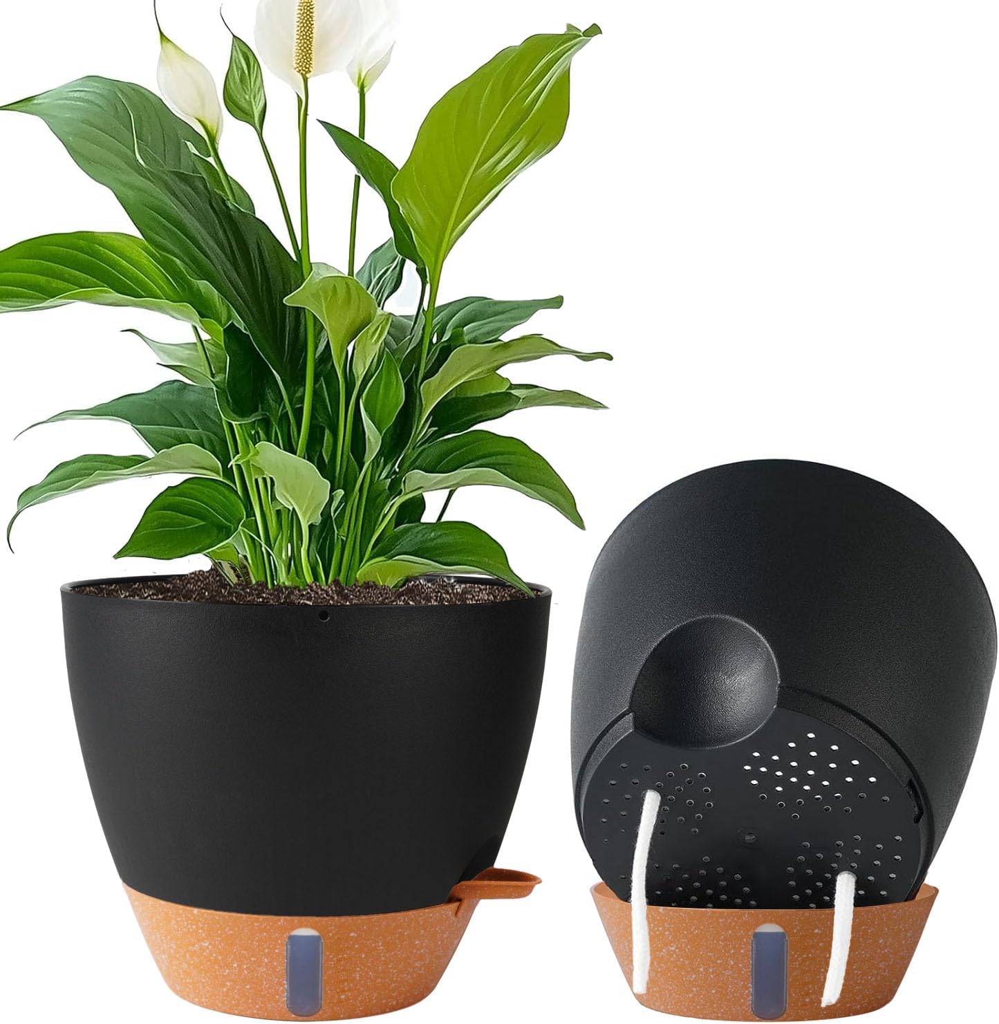 2 Pack 10 inch Plant Pots, Plastic Self Watering Planters with Drainage Holes, Deep Reservoir, Water Level Indicator, Modern Decorative Flower Pots for Indoor Outdoor Plants (Black, 10 inch)-VerdiqueGarden