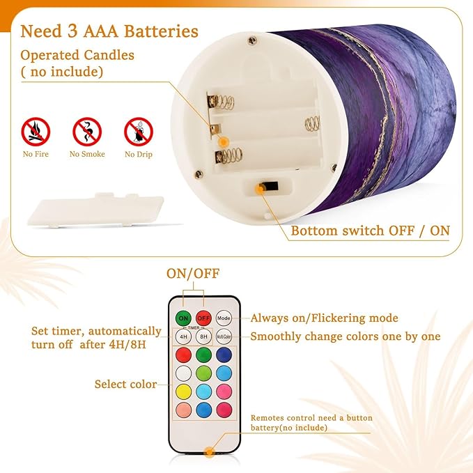 Flickering Flameless Candles, Purple Marble with Golden Veins LED Candles with Remote Timer, Set of 2 Battery Operated Candle for Valentine Wedding Birthday-VerdiqueGarden