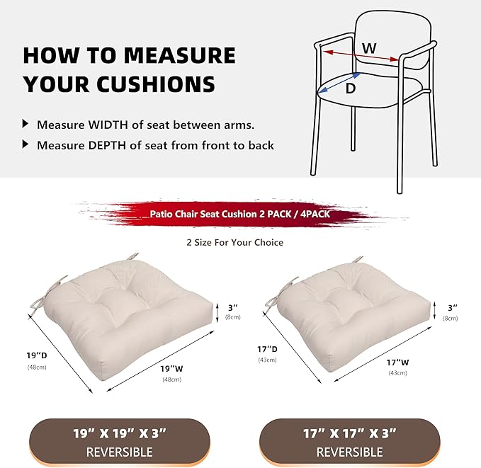 RACE LEAF Patio Chair Cushions 17x17 Inch 4 Pack, Thickened Outdoor Seat Cushions Water Resistant with Non-Slip Ties & Stain Resistant Tufted Design (Beige)-VerdiqueGarden