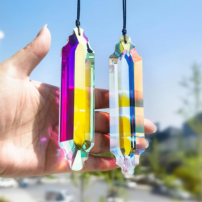 HDCRYSTALGIFTS 2 Pack 5" Large Crystal Suncatcher Prisms,AB Crystals for Sun Catchers,Rainbow Maker Hanging Prisms for Windows,Room,Chandelier,Garden Home Decor-VerdiqueGarden