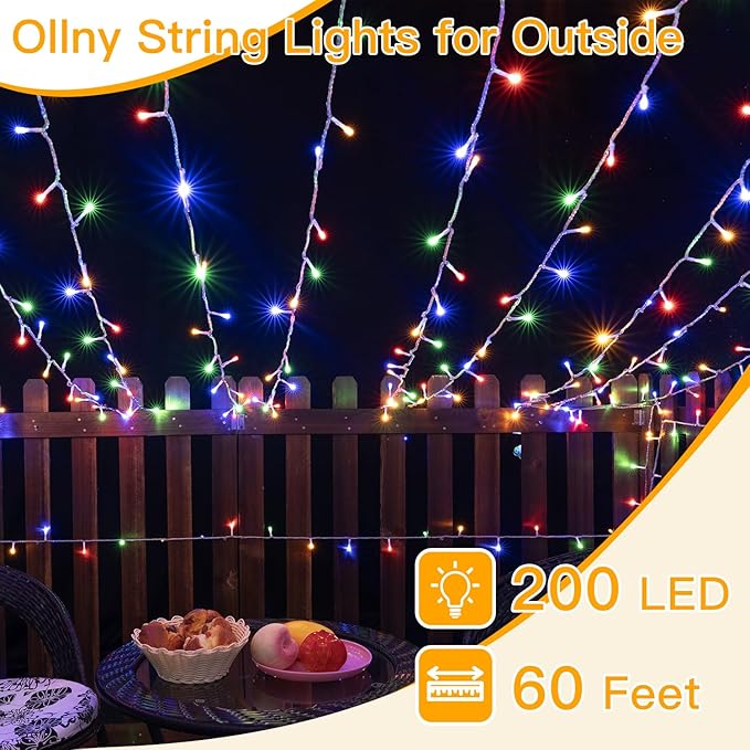 Ollny Christmas Lights Outdoor 200LED 60FT, Multicolor Connectable Plug in Fairy Light Indoor, 8 Modes Waterproof Timer Plug in LED String Lights for House Outside Bedroom Patio Balcony-VerdiqueGarden