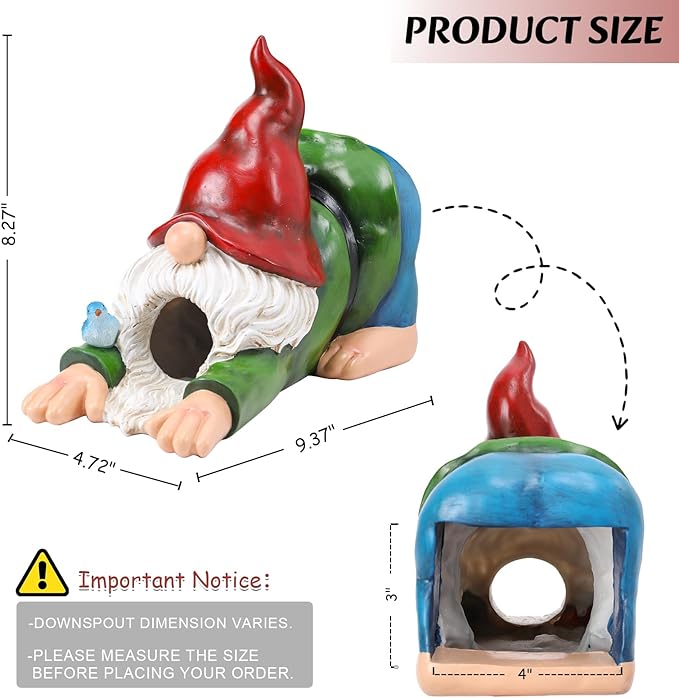 WONDER GARDEN Gnome Gutter Downspout Extensions - 3'' x 4'' Decorative Downspout Extender Diverter, Outdoor Splash Block Sculpture Garden Decor, Waterproof Gutter Guard for Lawn, Garden, Lawn-VerdiqueGarden