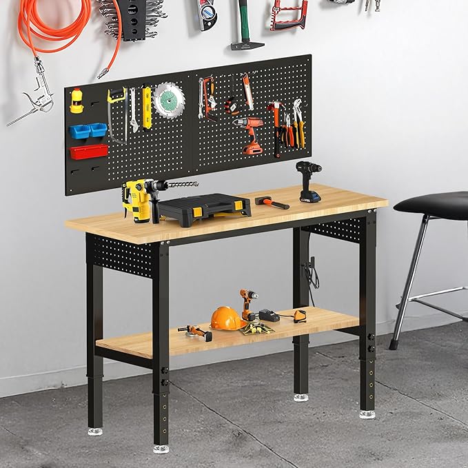 48“ Adjustable Height Workbench Work Bench for Garage Work Table with Under Table Shelf Heavy Duty Rubber Wood Top for Shop Woodworking, Office, Home, Commercial-VerdiqueGarden