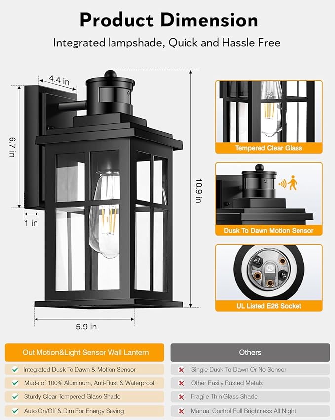 Motion Sensor Outdoor Light, Black Porch Light Dusk to Dawn, Waterproof Outdoor Motion Sensor Light, Anti-Rust Outside Lights for House, Garage, Doorway, Porch, 100% Aluminum-VerdiqueGarden