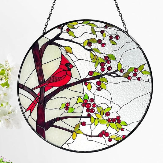 Stained Glass Window Hanging Sun Catcher 7.8”- Cardinal in Full Moon Stained Glass Suncatcher, Red Berry Tree, Nature, Indoor Decor, Wall Art, Gifts for Women-VerdiqueGarden