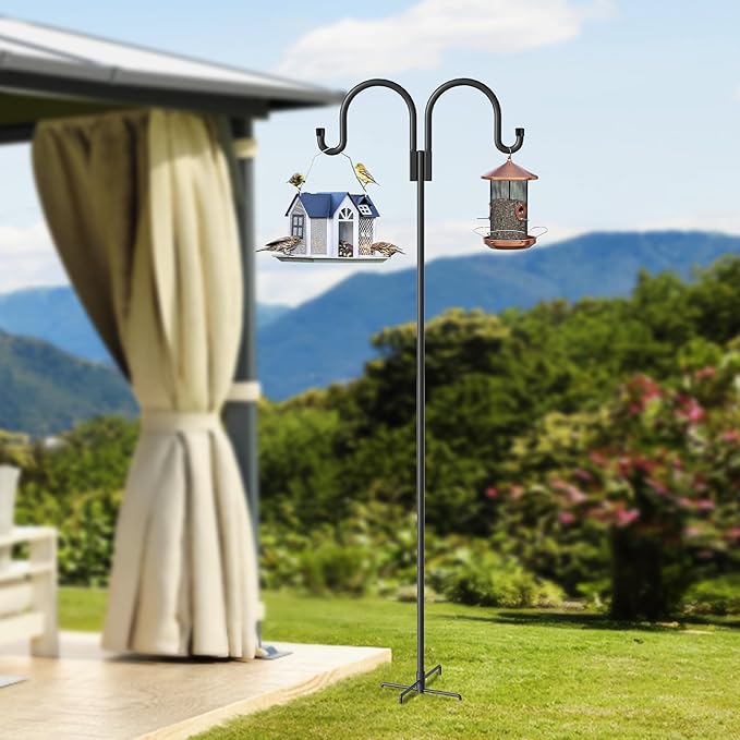 Highpro Double Shepherd Hooks for Outdoor, 95 Inch Heavy Duty Bird Feeder Pole for Hanging Bird Feeder, Garden Hooks Plant Baskets, Garden Plant Hanger Stands with 5 Prong Base-VerdiqueGarden