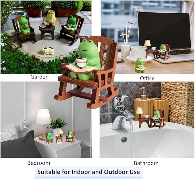 7 Pcs Cute Frog Rocking Chair Set with Miniature Frog Figurines, Mini cat, and Whimsical Trinkets - Versatile Decor for Office, Home, Yard, Patio, and Lawn-VerdiqueGarden