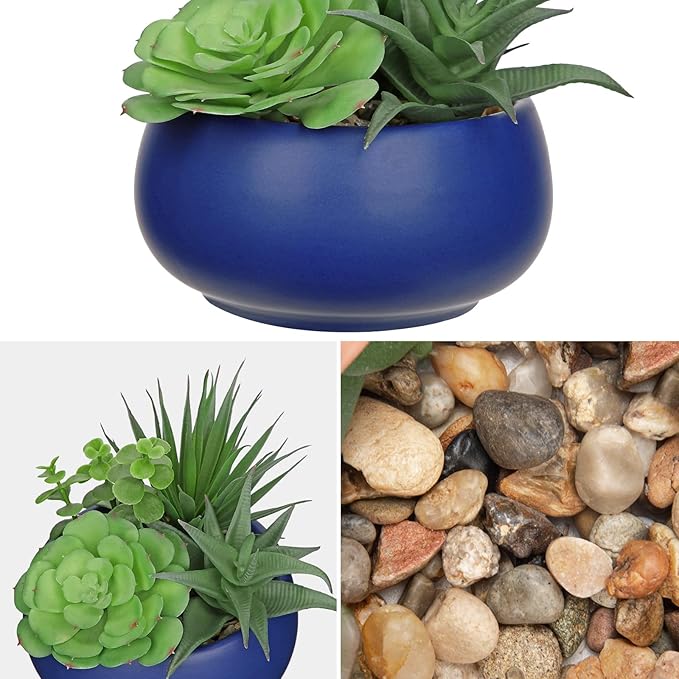 Fake Plants Artificial Succulents in Pots Faux Succulent Arrangement Potted Plant with Blue Ceramic Pot for Home Decor Modern Office Desk Bathroom Shelf Living Room Indoor & Outdoor Decoration-VerdiqueGarden