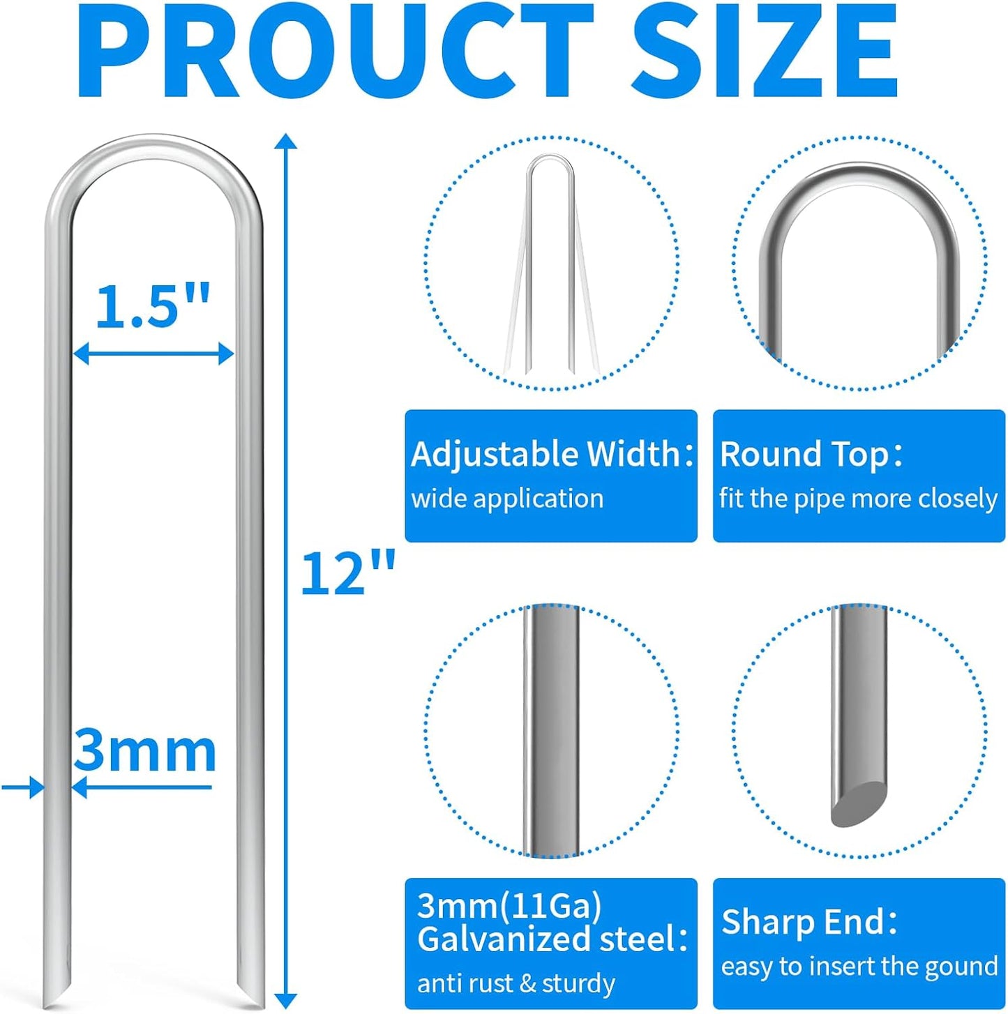 MySit 25 Pack 12 Inch Garden Stakes Heavy Duty 11 Gauge Galvanized Yard Staples U Pegs Fences Drip Irrigation Securing Stakes 1/2-Inch to 1-5/8-Inch Loop Stake for Anchoring Lawn Drippers Soaker Hose-VerdiqueGarden