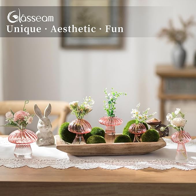 Glasseam Mushroom Plant Propagation Stations: Pink Glass Terrarium Jar Set of 10 Cute Planters for Indoor Plants Mini Propagate Station Unique Christmas Birthday Gifts for Women Home Office Decor-VerdiqueGarden
