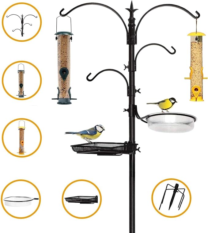 Premium Bird Feeding Station with 2 Bird Feeders Included for Outside - Multi Feeder Pole Stand Kit with 4 Hangers, Bird Bath and 5 Prong Base for Attracting Wild Birds - 22 Inch Wide x 91 Inch Tall-VerdiqueGarden