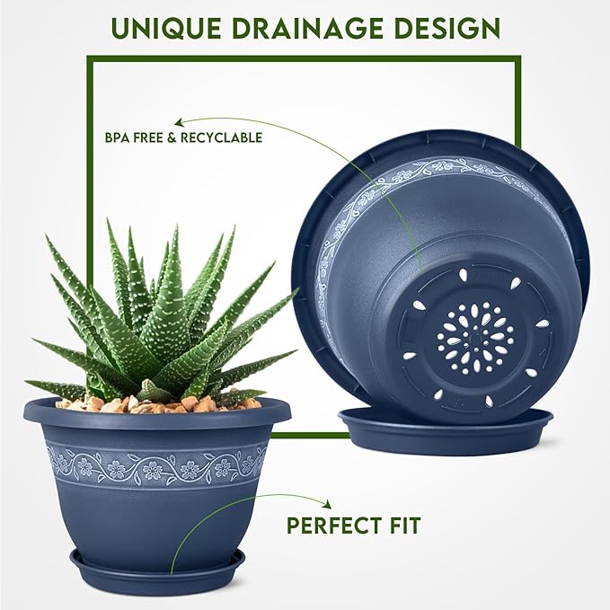 10 Inch Plant Pots with Drainage Hole - Lightweight Flower Pots for Herbs and Flowers - Home Decor Plastic Planters for Indoor Outdoor Plants- Pack of 4 (Blue, 10 inch)-VerdiqueGarden