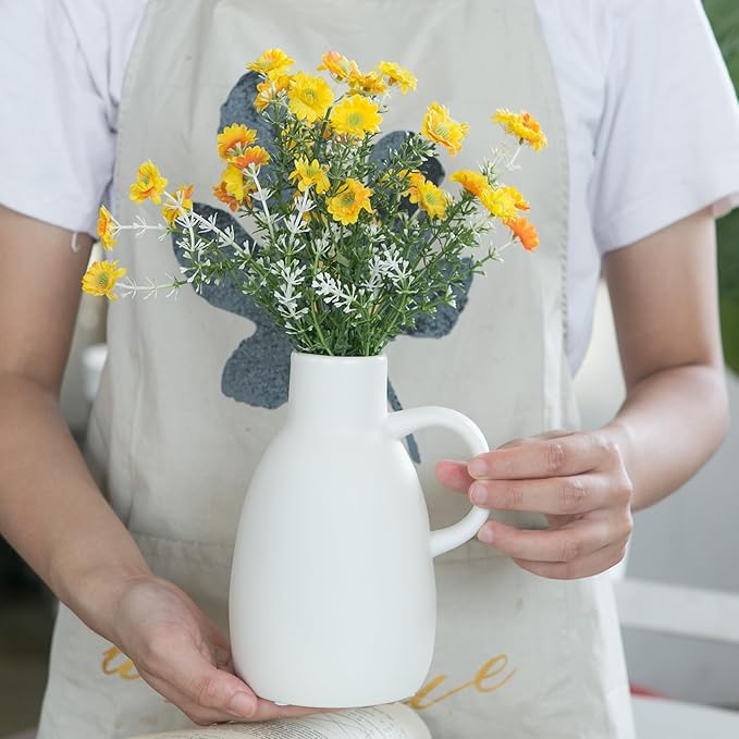 White Ceramic Vase Set - 2 Small Vases with Handle, Pottery Vases for Modern Home Decor, Minimalist Matte Pitcher for Fowers, Decorative Clay Vase Centerpiece Dining Table Decorations-VerdiqueGarden