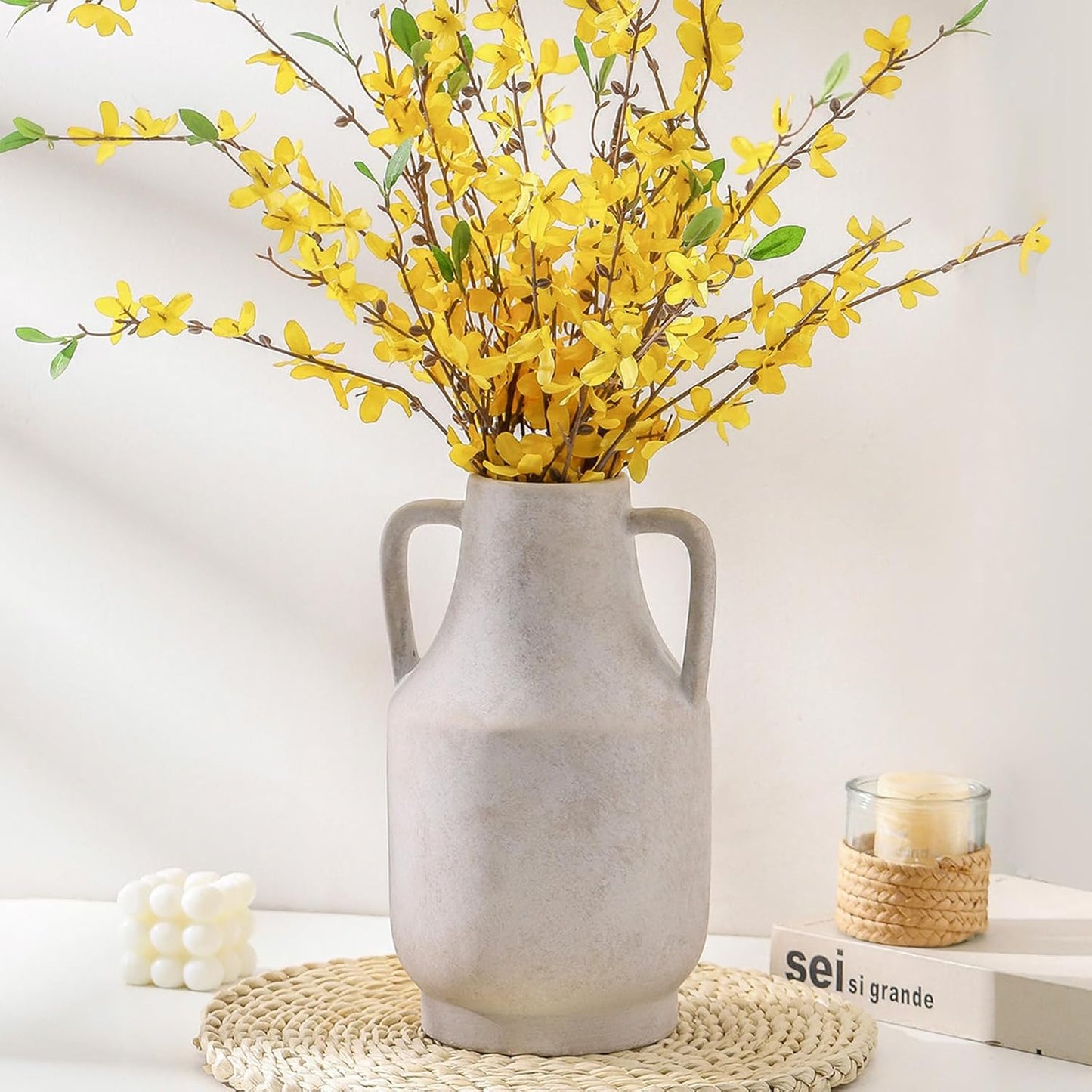 Mitt&Ditt Ceramic Flower Vase with Handles, 11 inch Tall Off-White Vase, Large Decorative Terracotta Vases, Farmhouse Rustic Pottery Vases for Home Decor, Living Room, Table-VerdiqueGarden