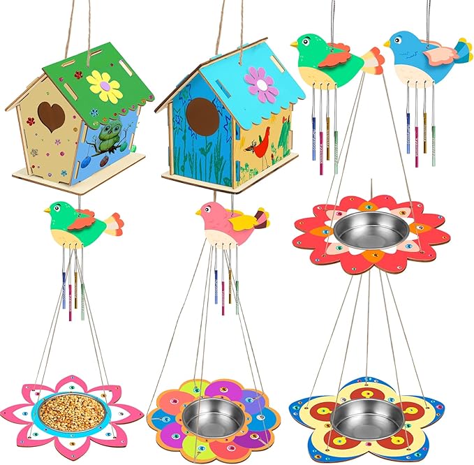 Fennoral 12 Pack Bird House Craft Kit for Kids Make You Own Bird Wind Chime Kit DIY Build and Paint Wooden Birdhouses Bird Feeder Art and Craft for Spring Yard Garden Outdoor Decoration-VerdiqueGarden