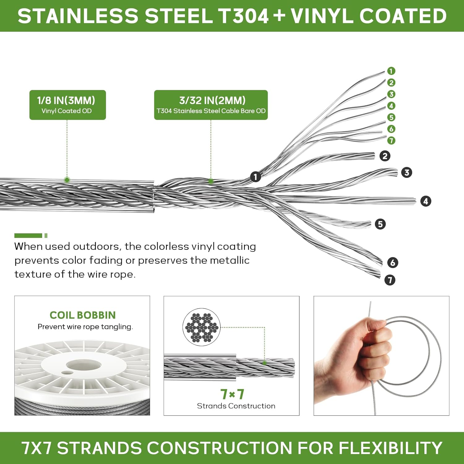 1/8" Wire Rope Kit, 100FT Steel Wire Cable, Vinyl Coated Stainless Steel Cable with Turnbuckles for Outdoor, Garden, Kitchen and Craft Projects-VerdiqueGarden