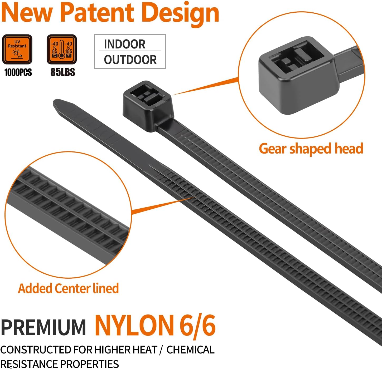 14 inch Black Zip Ties (1000 Pack), 2025 New Patented Design, 85 LBS Tensile Strength, Self-Locking Nylon PA66 UV Resistant Cable Ties for Indoor and Outdoor Use-VerdiqueGarden