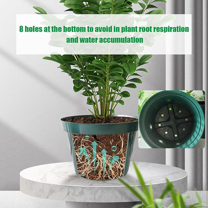 10 Pack Plastic Planter Pots, 10 Inch Thick Plant Pots with Multiple Drainage Holes, Pots for Plants Such as Herbs Strawberry and Flowers, Green Growing Planters for Outdoor Plants or Indoor (Green)-VerdiqueGarden