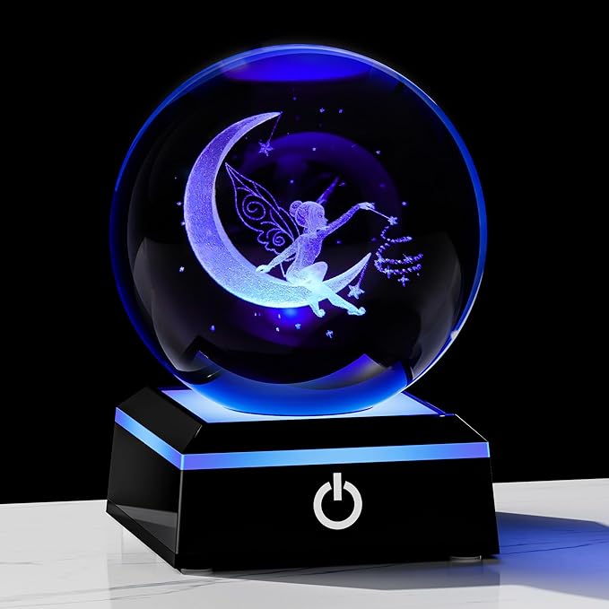 Qianwei Moon Fairy 3D Crystal Ball Laser Engraved Fairy Glass Ball Fairy Night Light Decorative Globes 3D Crystal Moon Sphere Fairy Gifts for Girl Her Fairy Lover-VerdiqueGarden