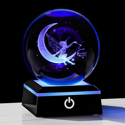 Qianwei Moon Fairy 3D Crystal Ball Laser Engraved Fairy Glass Ball Fairy Night Light Decorative Globes 3D Crystal Moon Sphere Fairy Gifts for Girl Her Fairy Lover-VerdiqueGarden