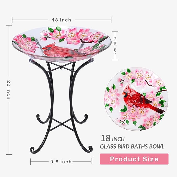 VCUTEKA Bird Baths for Outdoors, Glass Bird Bath with Metal Standing for Garden, Yards Patio Décor, Bird Lovers Gift, Cardinal Glass Birdbath Detachable (22" H * 18" W)-VerdiqueGarden