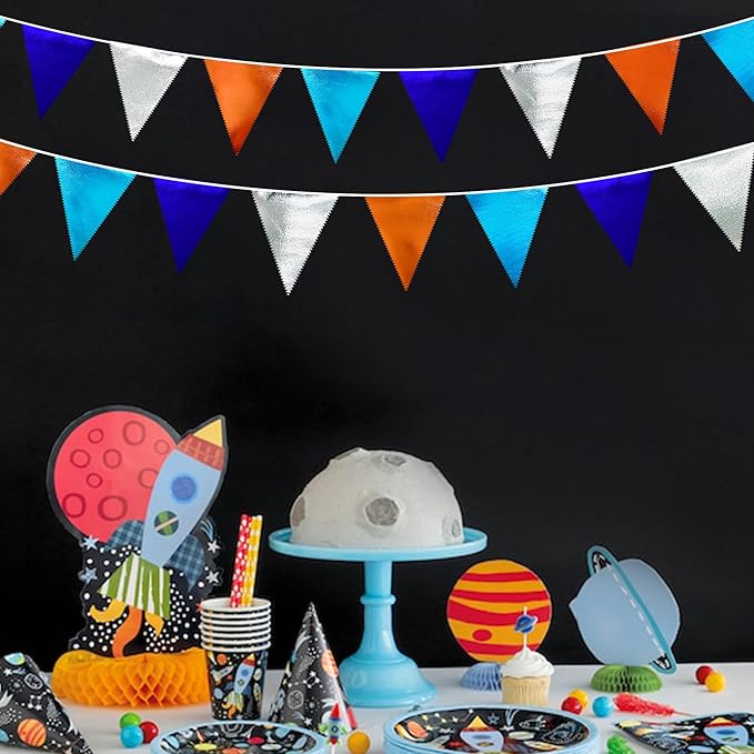 Orange Blue Silver Party Decorations Metallic Fabric Triangle Pennant Banner Flag Bunting Garland for Space Theme Birthday Wedding Bridal Shower Baby Shower Engagement Graduation Party Supplies-VerdiqueGarden