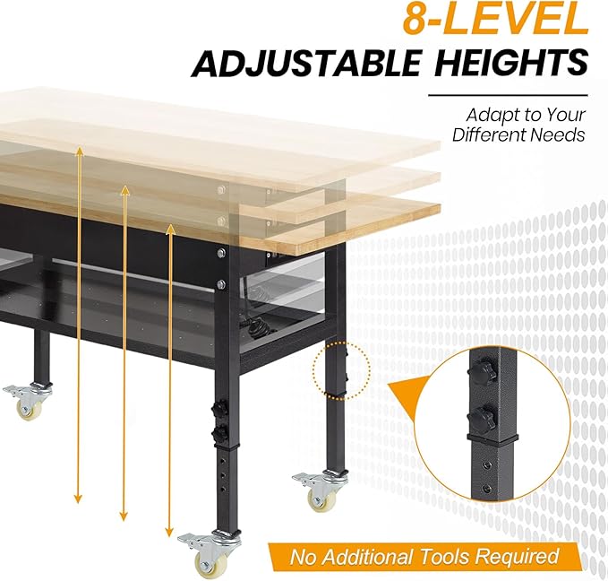 48"/60'' Adjustable Workbench, Rubber Wood Top Work Bench Heavy-Duty Work Table with Power Outlet, Wheels, Partition 2000 LBS Load Capacity Hardwood Work Benches for Garage, Workshop, Home, Office-VerdiqueGarden