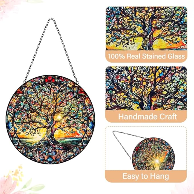Tree of Life Sun Catcher Stained Glass Window Hanging - Handmade Suncatchers for Windows Hanging Stained Glass Suncatcher - Sun Catchers Indoor Window Wall Home Decor Glass Panel Gift for Women Men-VerdiqueGarden