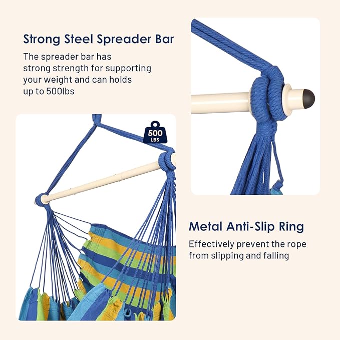 Highwild Hammock Chair Hanging Rope Swing - Max 500 Lbs - Steel Spreader Bar with Anti-Slip Rings - for Any Indoor or Outdoor Spaces (Blue Striped)-VerdiqueGarden
