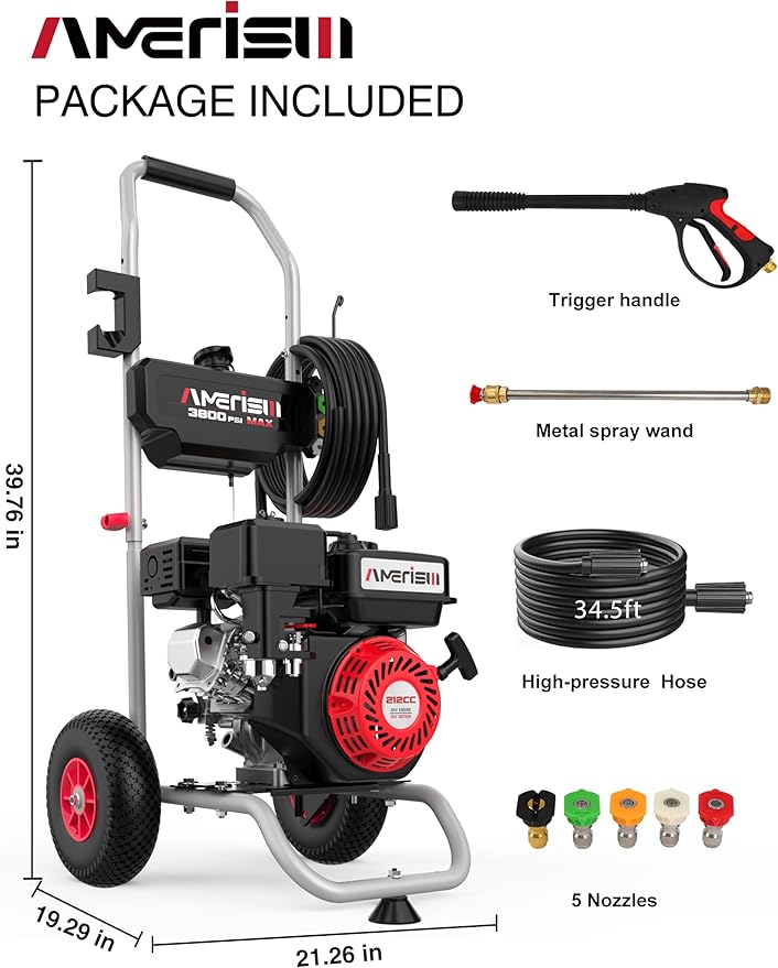 Gas Pressure Washer 3800 PSI and 2.5 GPM, 212CC, with Onboard Soap Tank, 10" Wheel, 5 Nozzle Set, for Cars/Fences/Homes/Patios/Furniture-VerdiqueGarden
