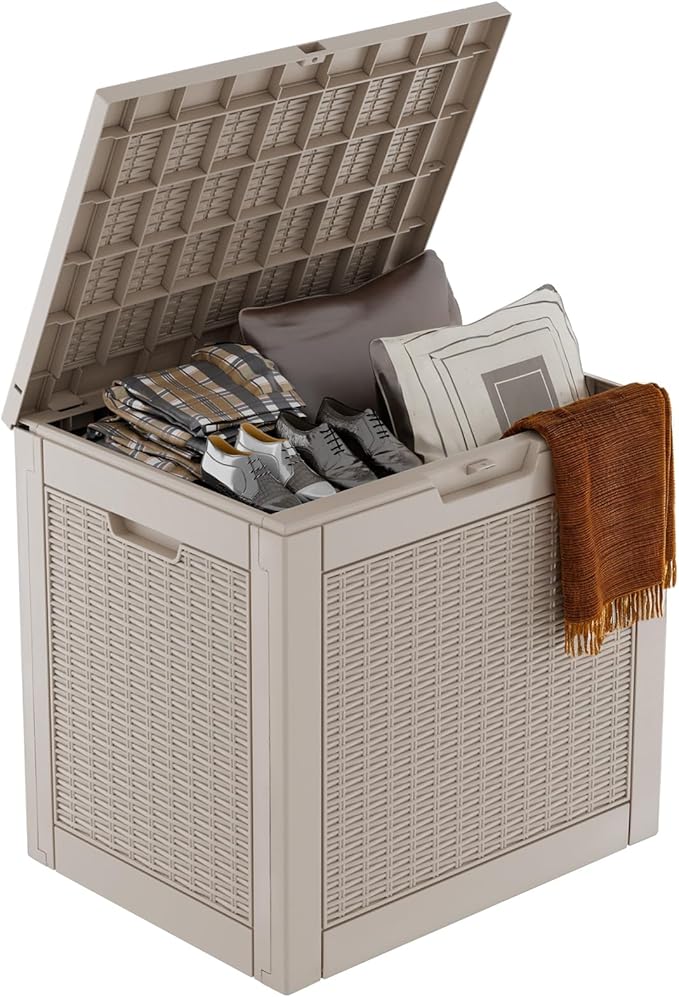 36 Gallon Outdoor Deck Box,Storage Lockable Waterproof Patio Furniture,Garden Tools,Cushions,Pool Accessories Outside Storage Resin Box(Grey Pattern)-VerdiqueGarden